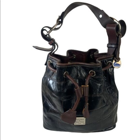 Dooney & Bourke Croc Embossed Leather Drawstring Shoulder Bag-Brown 10”W x 10”H - Picture 4 of 16